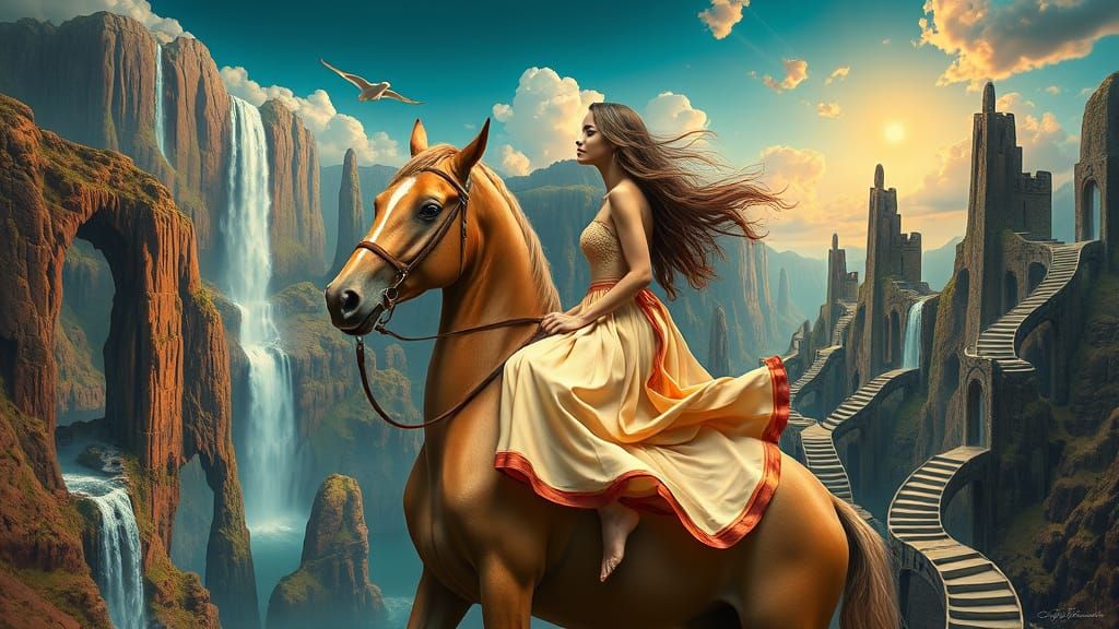 Surreal Woman on Horse in Escher-Inspired Landscape