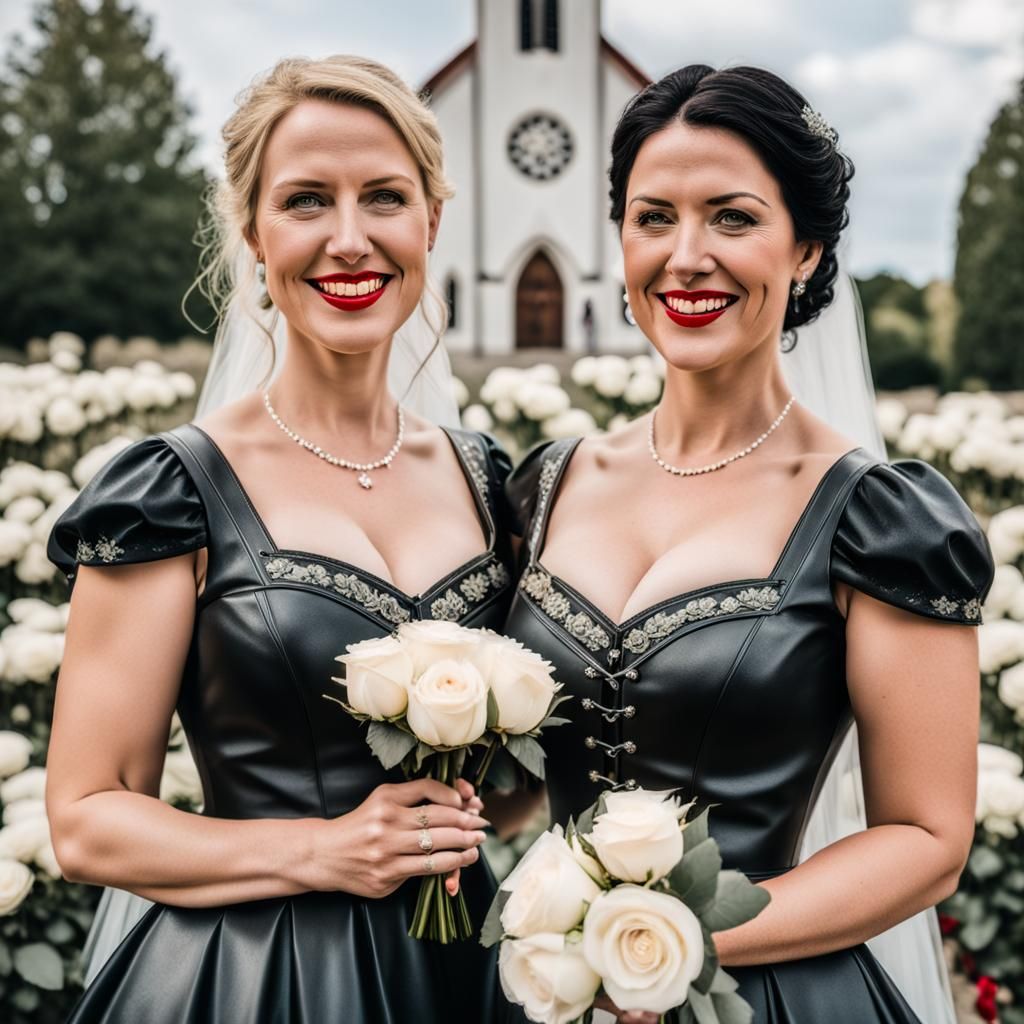 Two brides stand in front of the church smiling. One is blac...