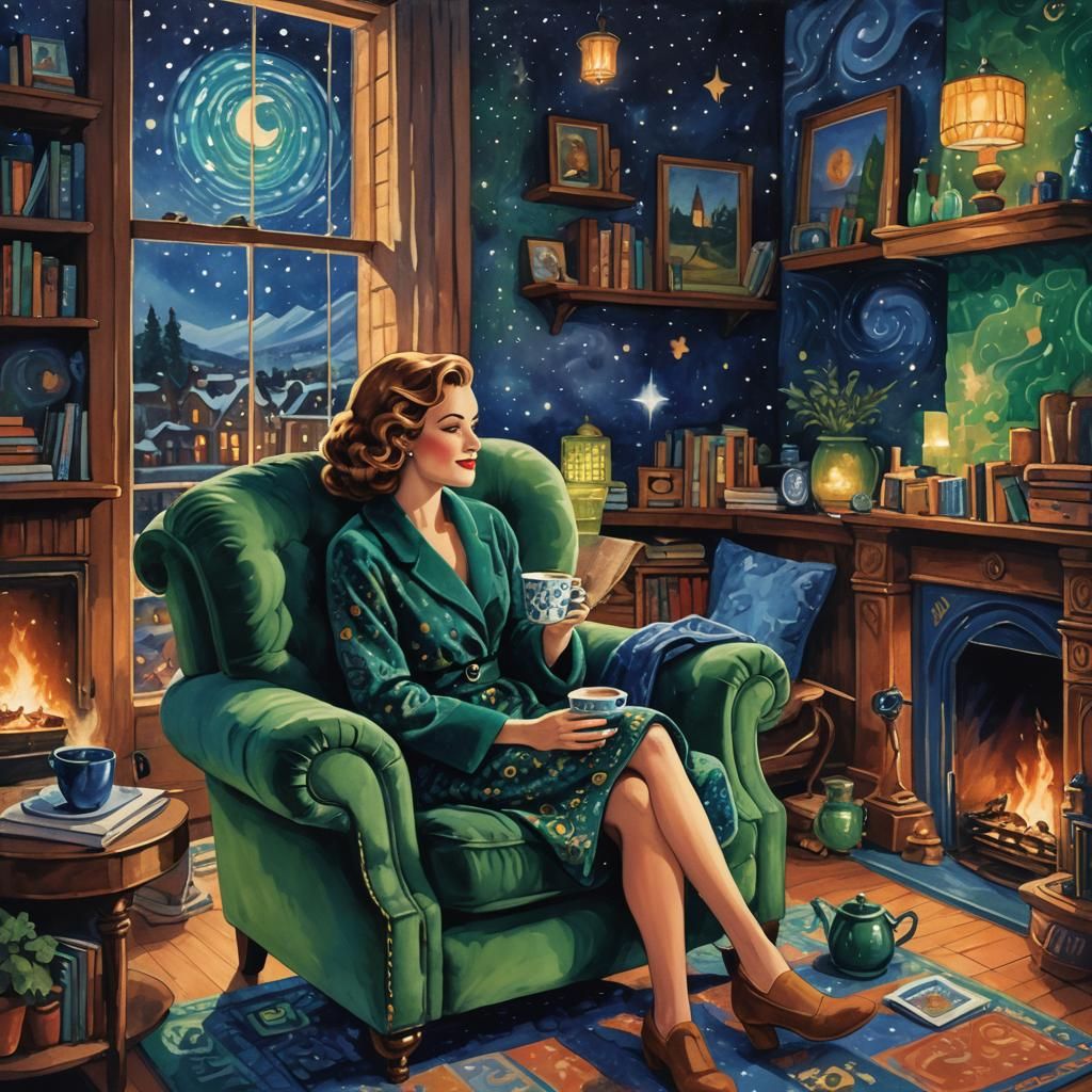 Dreamlike Woman Relaxing in Emerald and Sapphire Hues