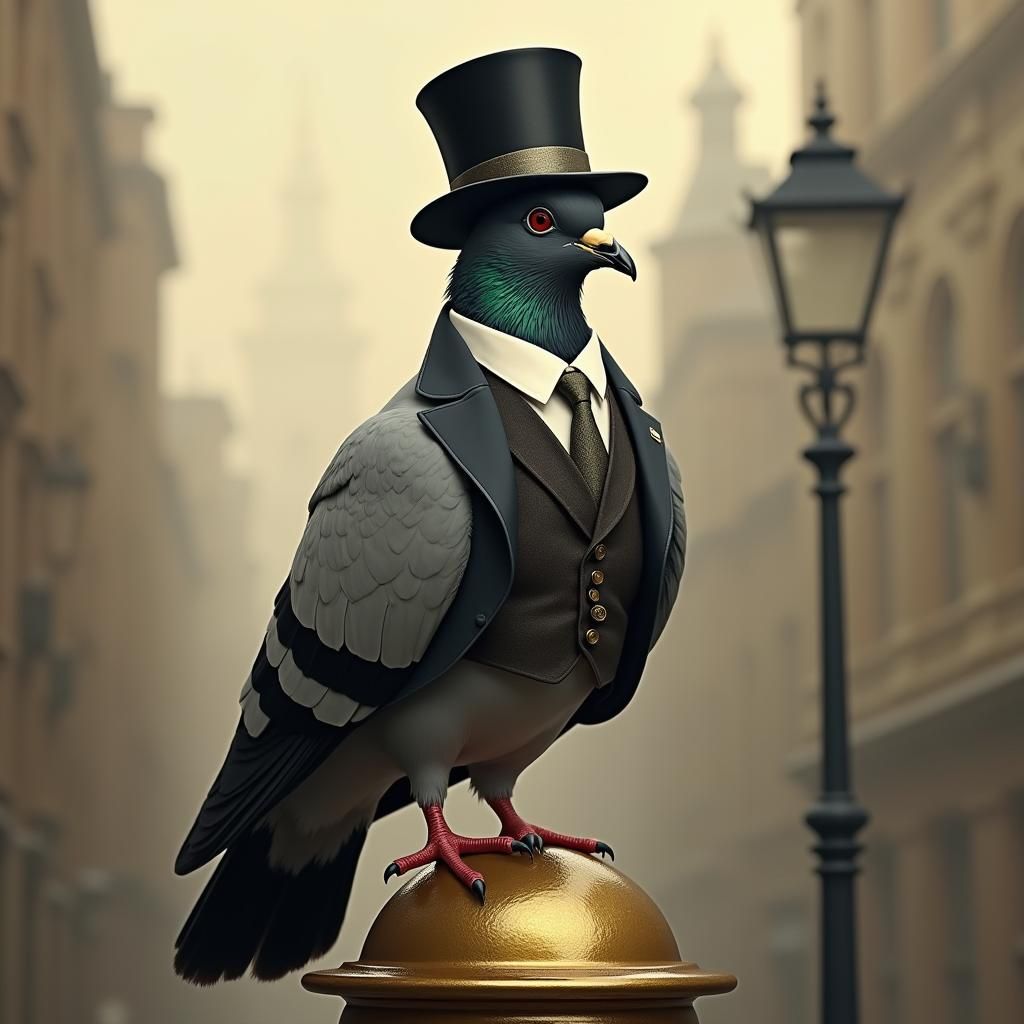 Debonair Pigeon in Top Hat in London Fog