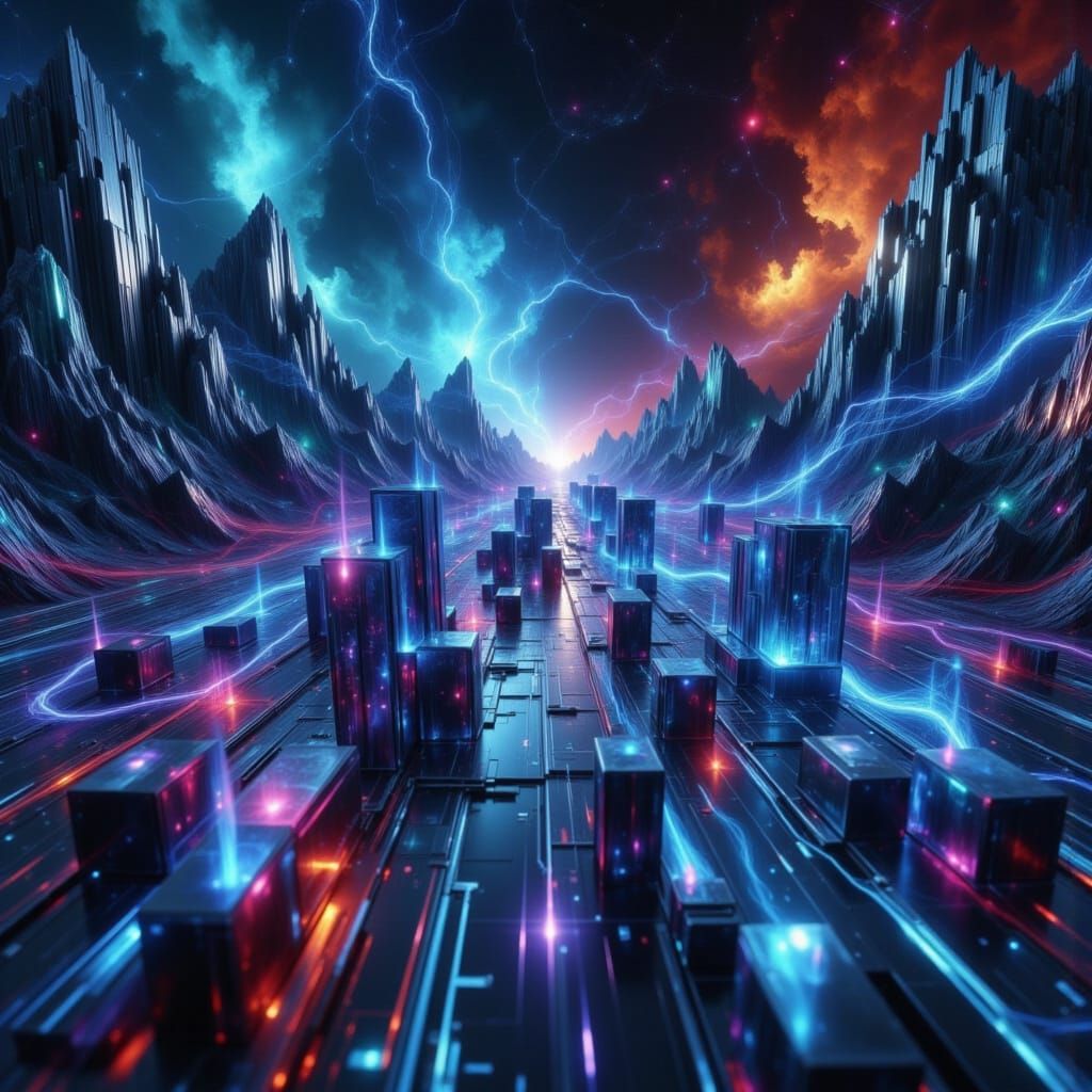 Glowing Cubes Imploding in Nebula Sky