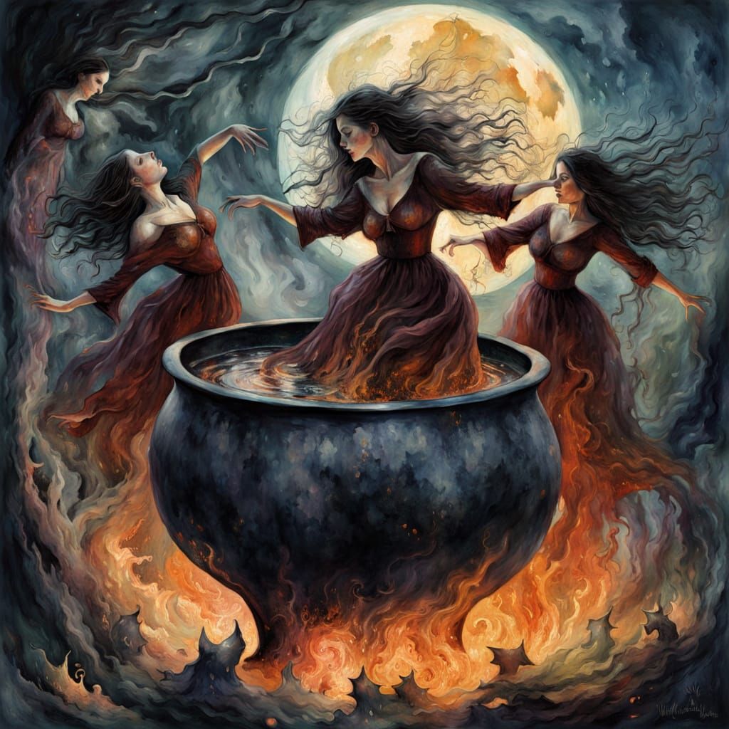 Witches Dancing Around Cauldron Under November Moon