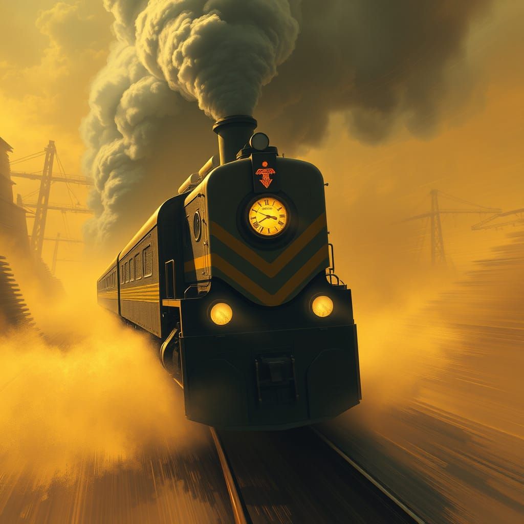 Train Speeding Through Golden Mist Dreamscape