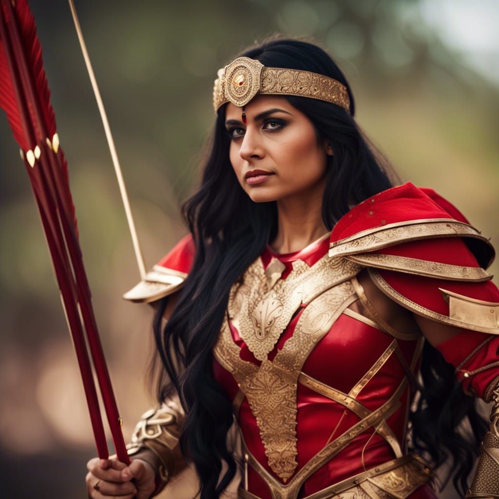 Indian Queen in Red Armor with Golden Bow