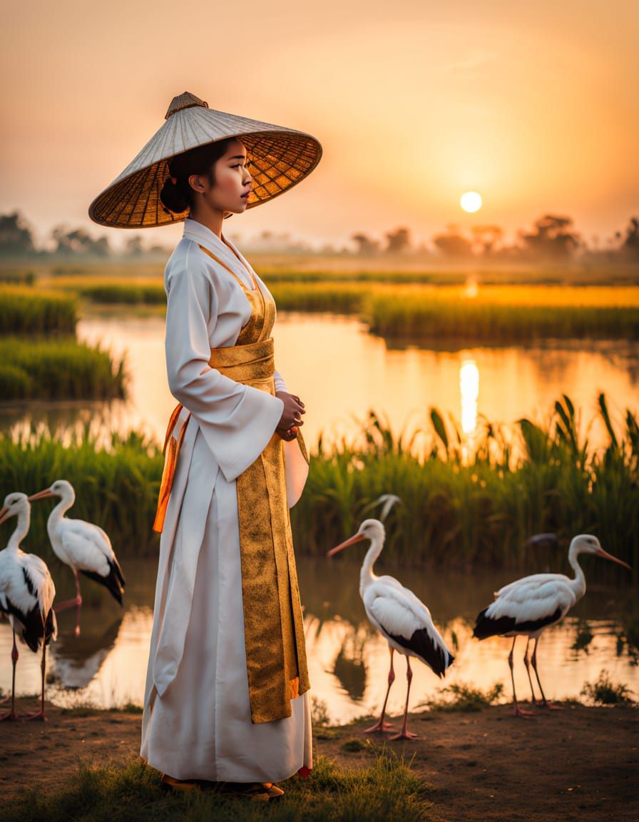 Vietnamese Woman in Traditional Ao Dai Standing at Pond's Ed...