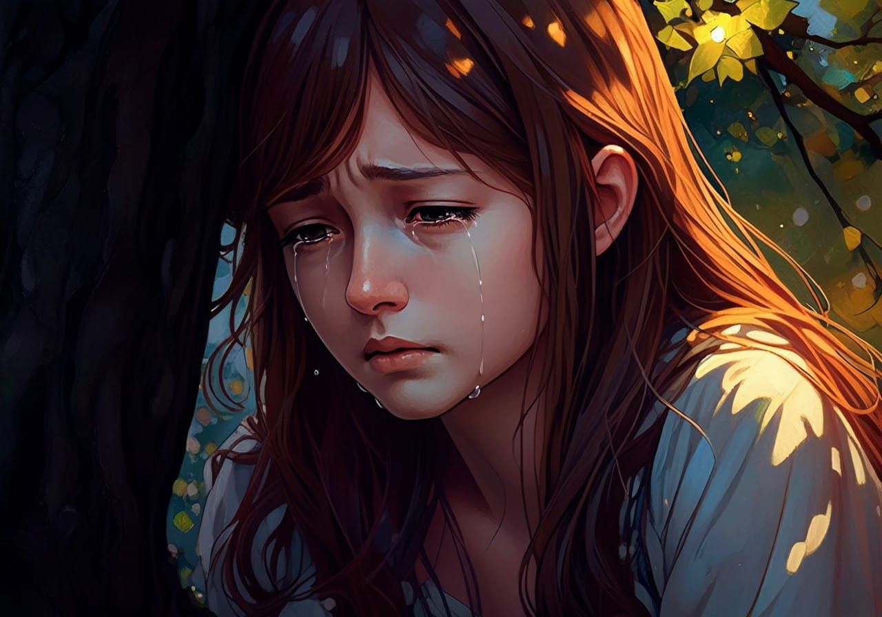 Anime Girl Crying Under Tree as Impasto Watercolor