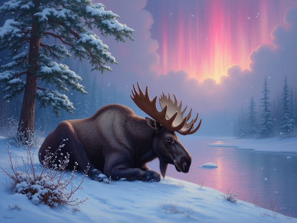 Majestic Moose Asleep Under Aurora Borealis
