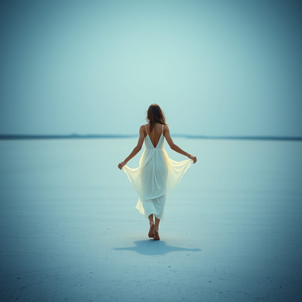 Woman in White Dress in Ethereal Landscape