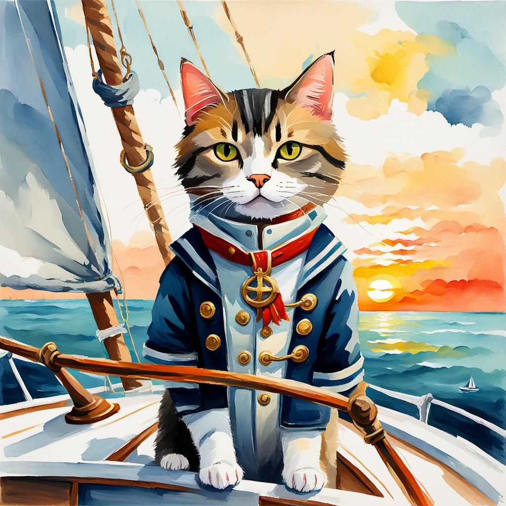 Nautical Cat Captain on Sailboat in Gouache Style