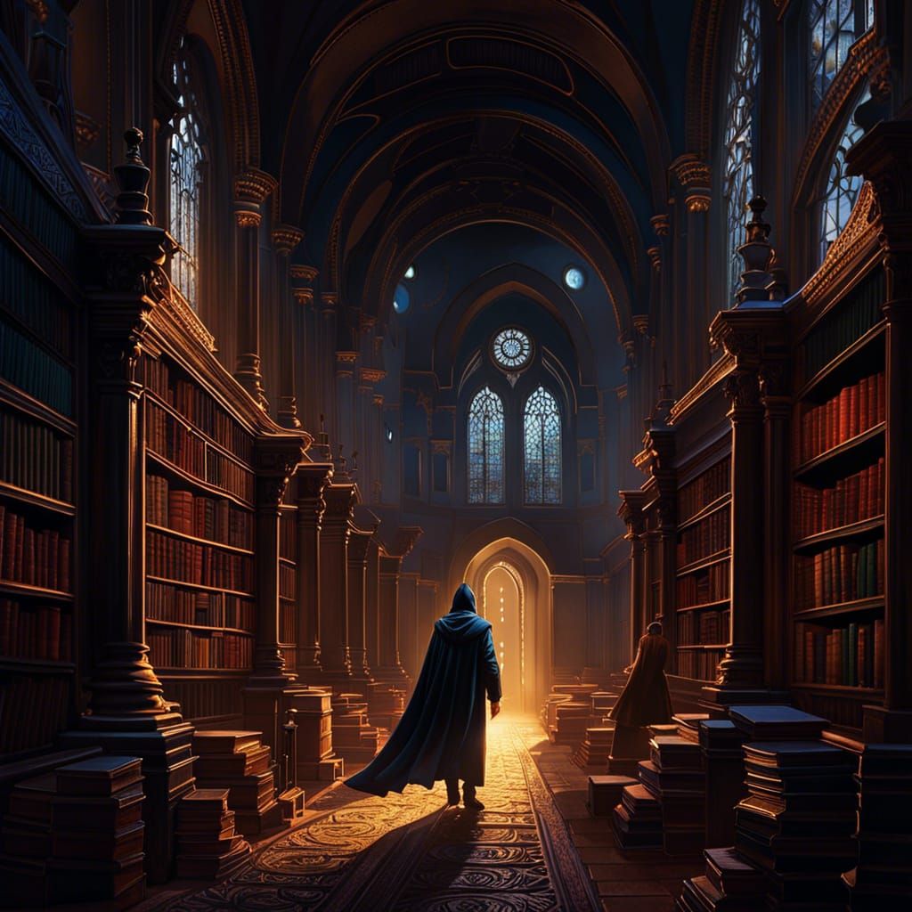 Lantern in Dark Library: Ethereal Maximalist Painting