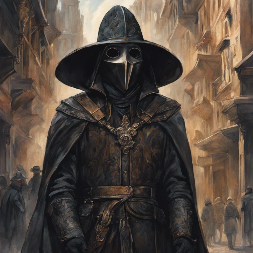 Plague Doctor in Dark Medieval Street, Ghibli Watercolor