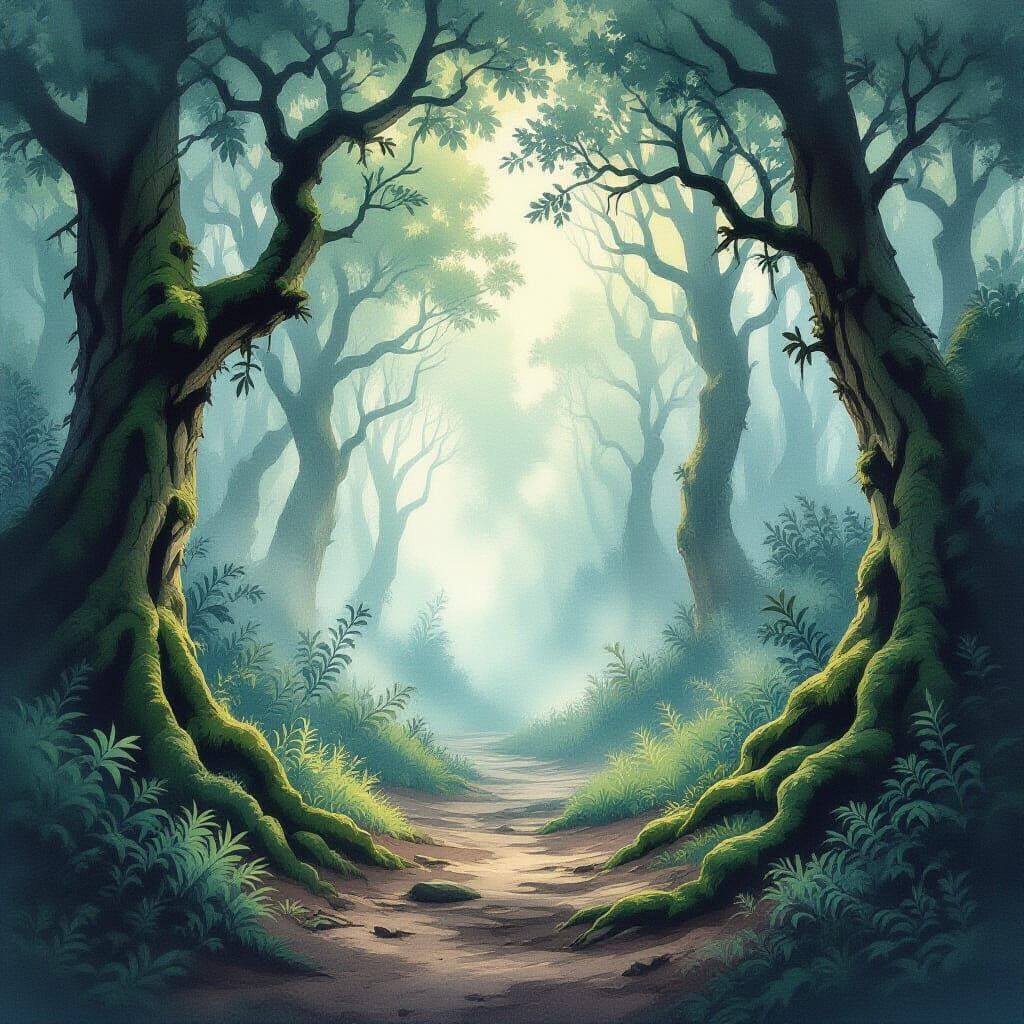 Misty Forest Path in Soft Watercolor Ink Style