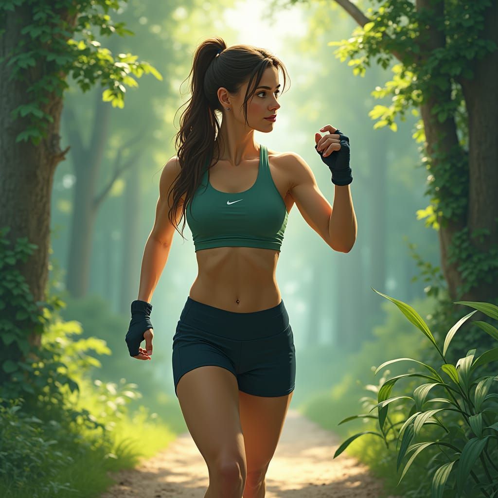 Fitness Goddess in Lush Greenery Landscape