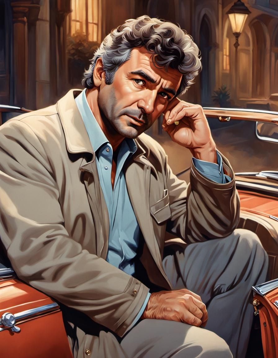 A younger Peter Falk as Columbo, pondering the known crime facts, sitting in his Peugeot 403