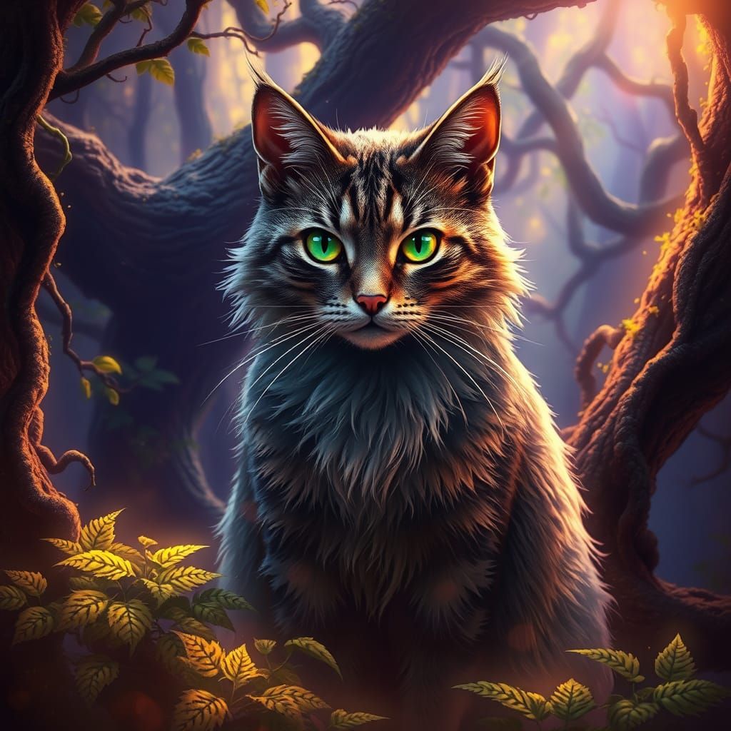 Majestic Cat in Dreamlike Forest Landscape with Rich Colors
