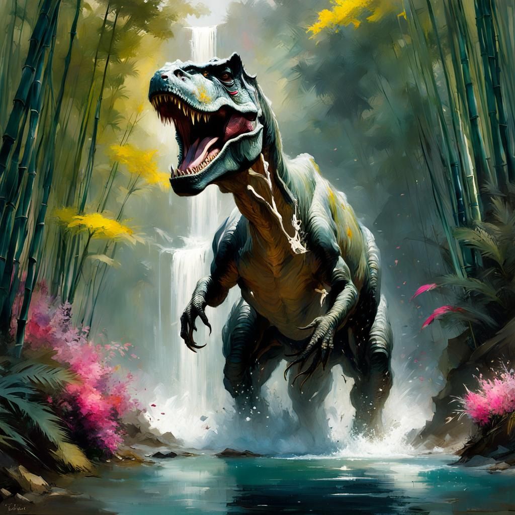 Tyrannosaurus Rex in Bamboo Forest Fine Art