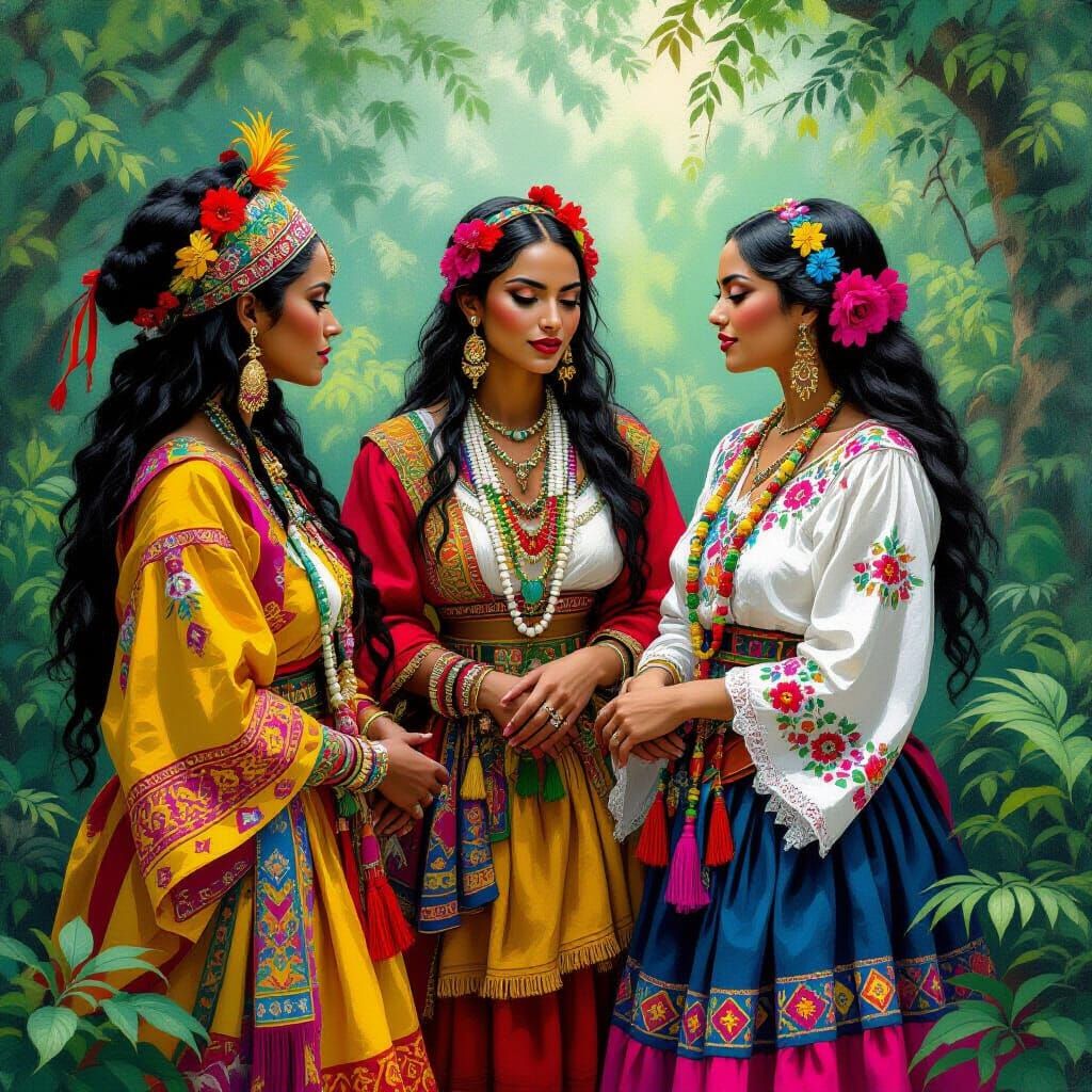 Mystical Coven in a Vibrant Folk Art Style