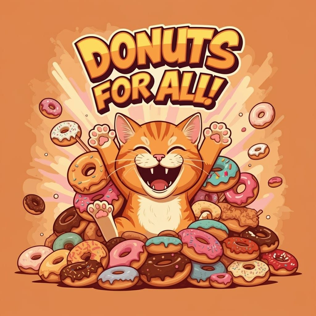 Joyful Orange Tabby Cat Celebrates Amidst a Donut Wonderland