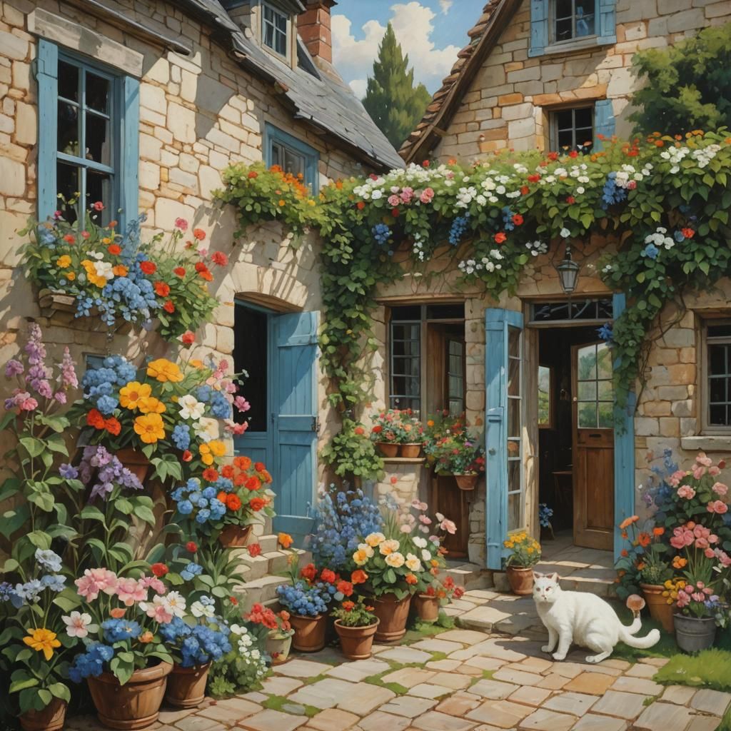 Idyllic Flower Garden Leading to Quaint Cottage