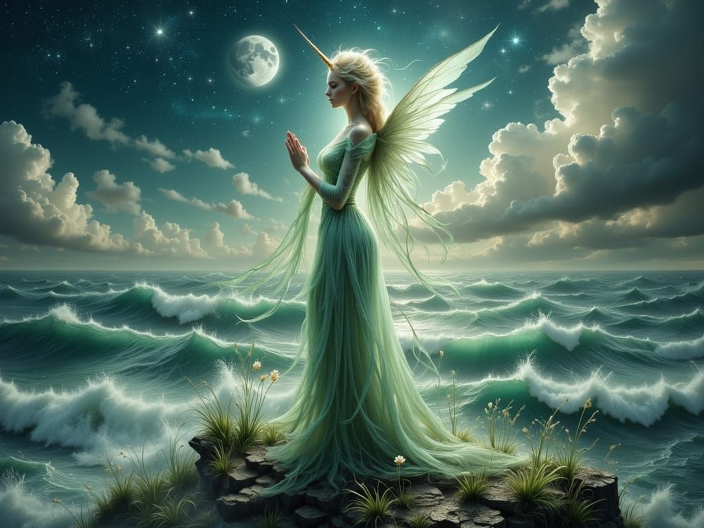 Enchanted Unicorn Maiden Blessing the Stormy Sea