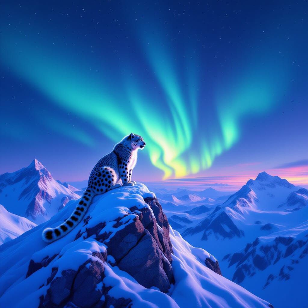 Snow Leopard Surveys Arctic Under Aurora Borealis