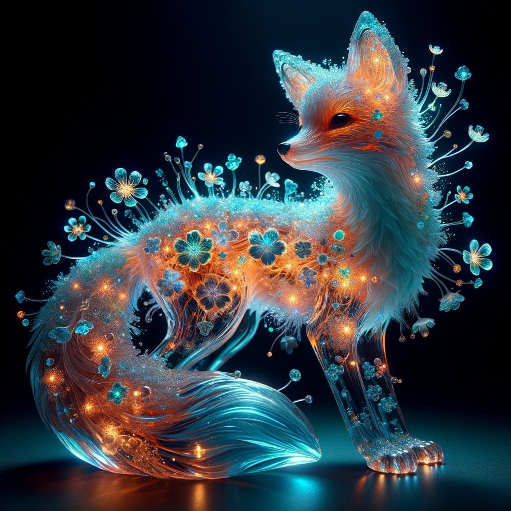 Bioluminescent Crystal Fox Sculpture with Flowers