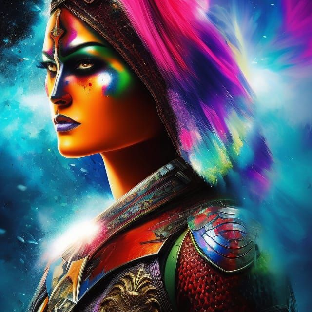 Hooded Warrior Woman: Vibrant Splash Art Portrait