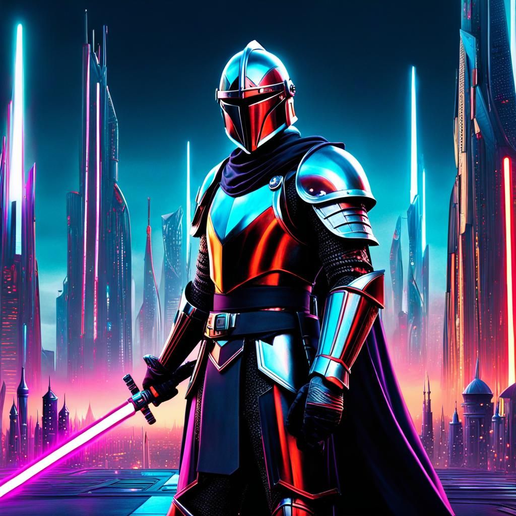 Medieval Knight, wielding a light sabre inside a futuristic city.