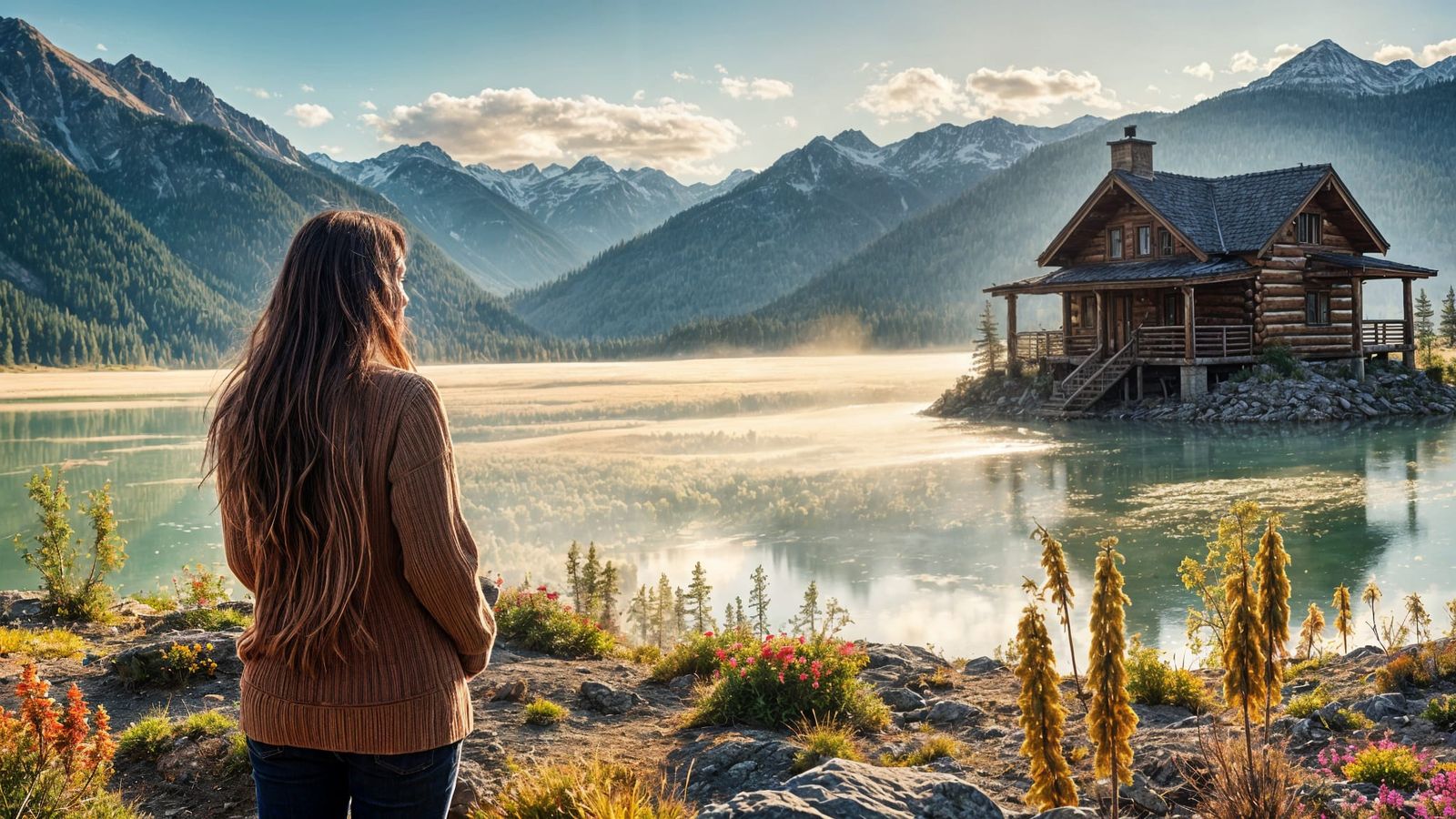 Lake Cabin with Mountain Range in Photorealistic Style