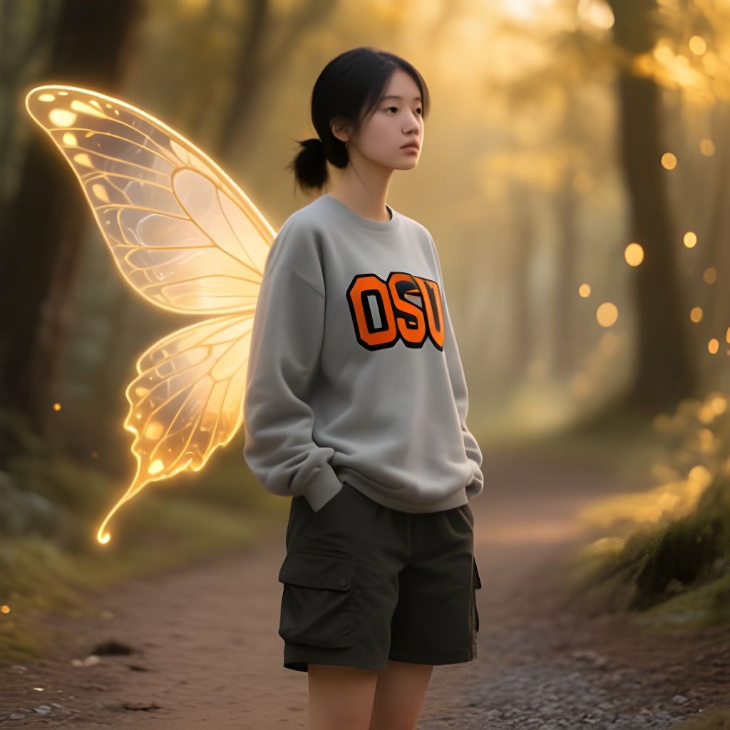 Enchanting Asian Woman with Glowing Fairy Wings in Forest