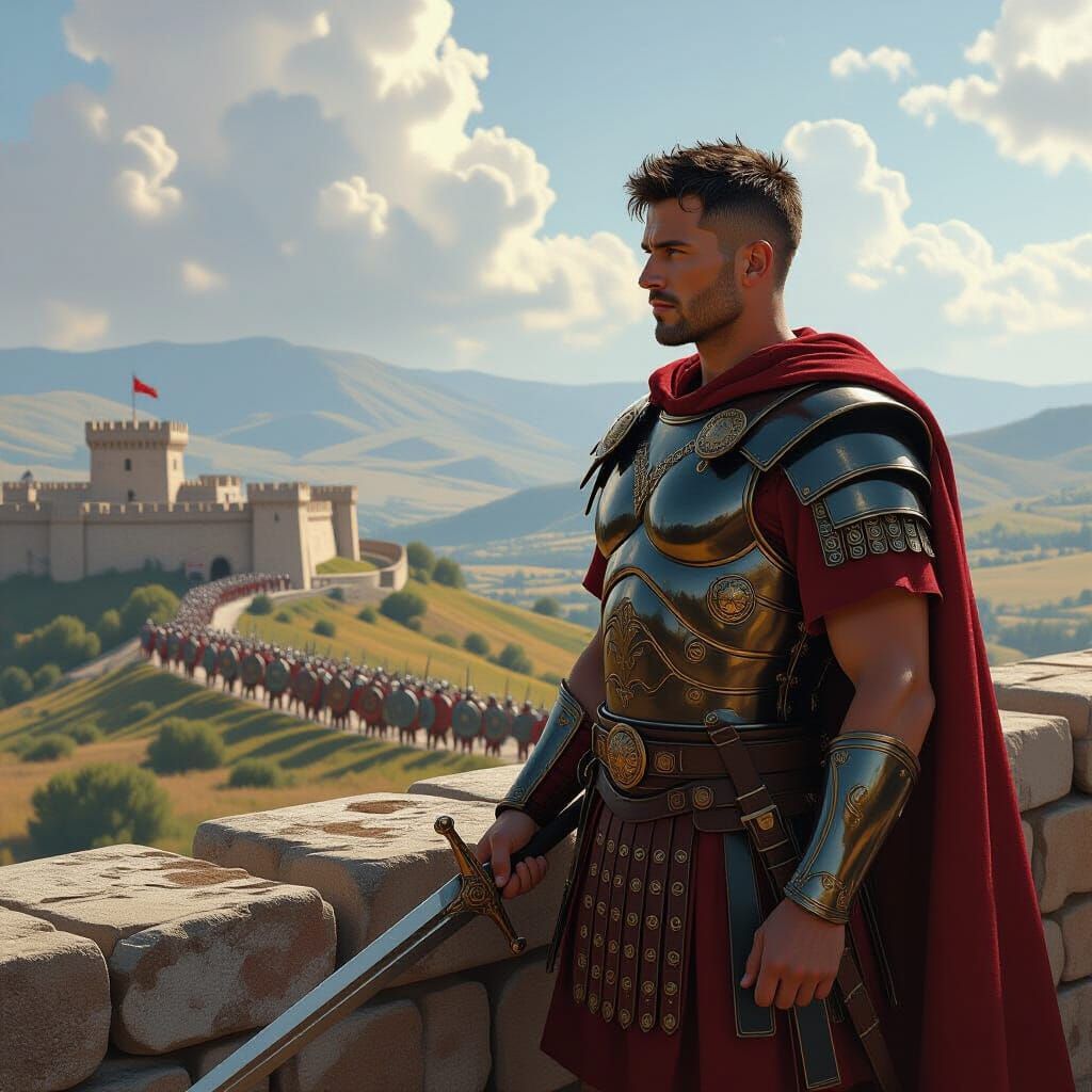 Roman Centurion Stands Guard, Dramatic Lighting