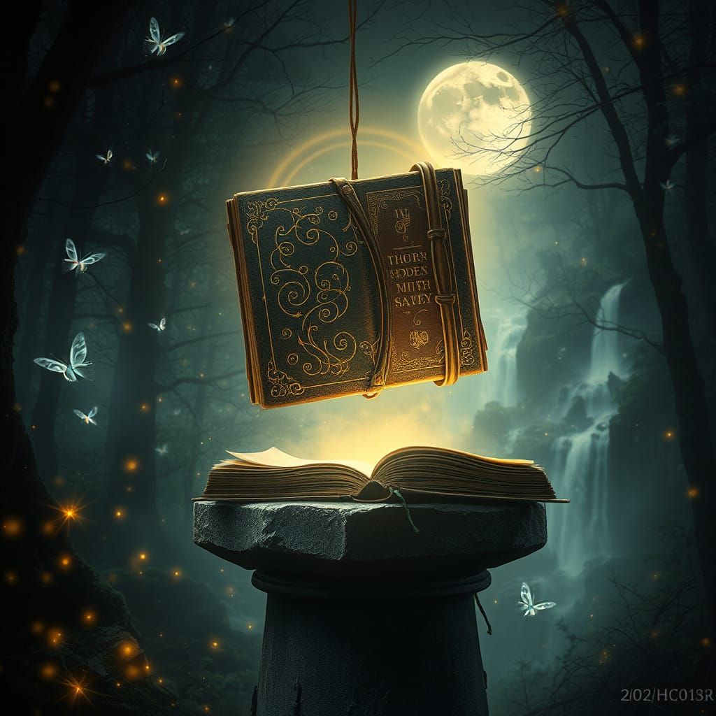 Ancient Leather Tome Illuminated in Moonlit Forest