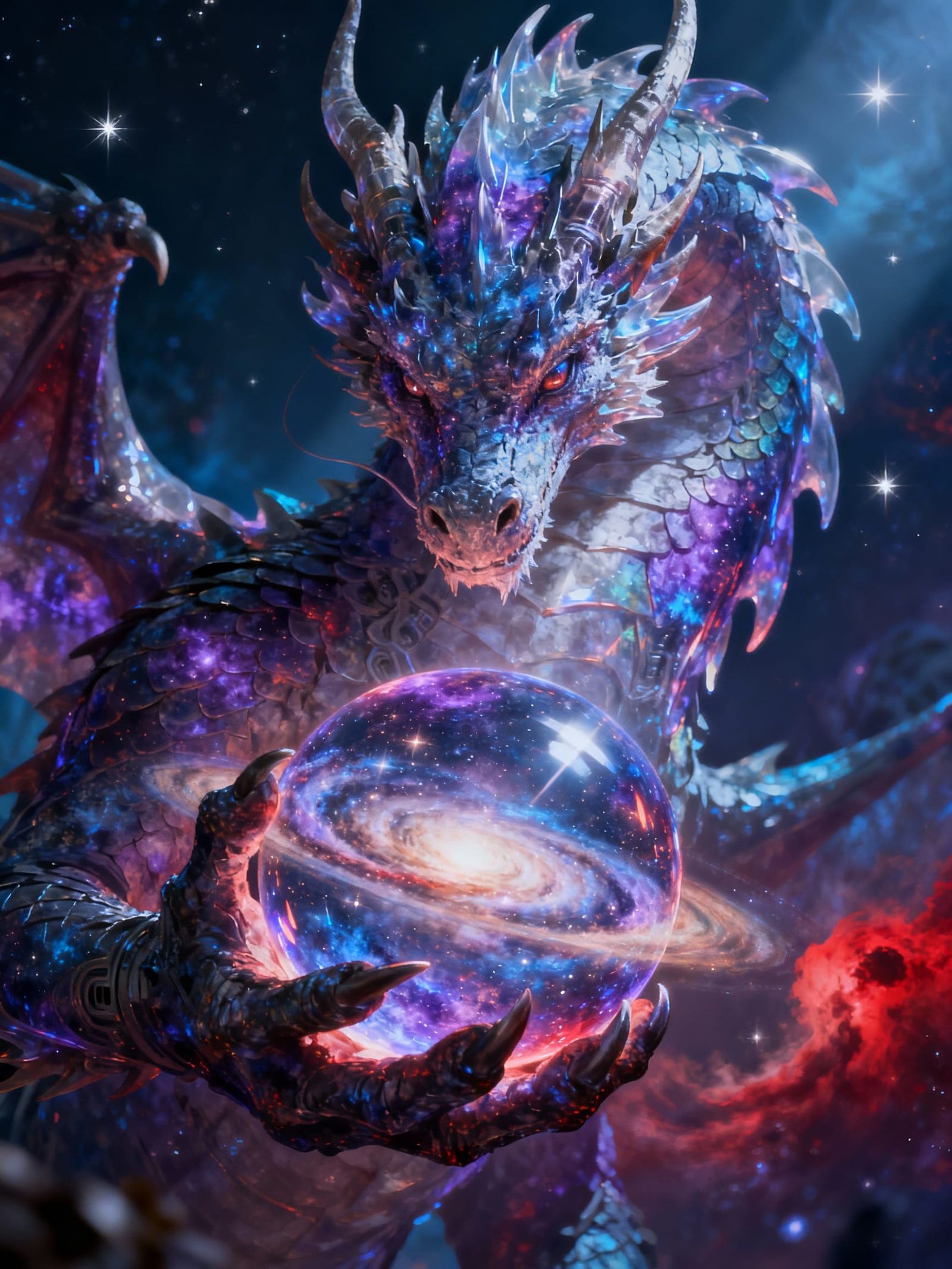 Cosmic Dragon Holding Galaxy in Nebula Style
