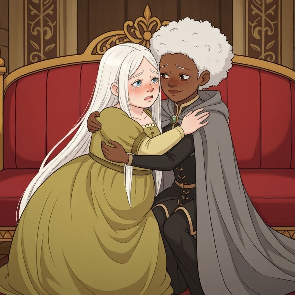 Medieval Girls Embrace on Luxurious Sofa