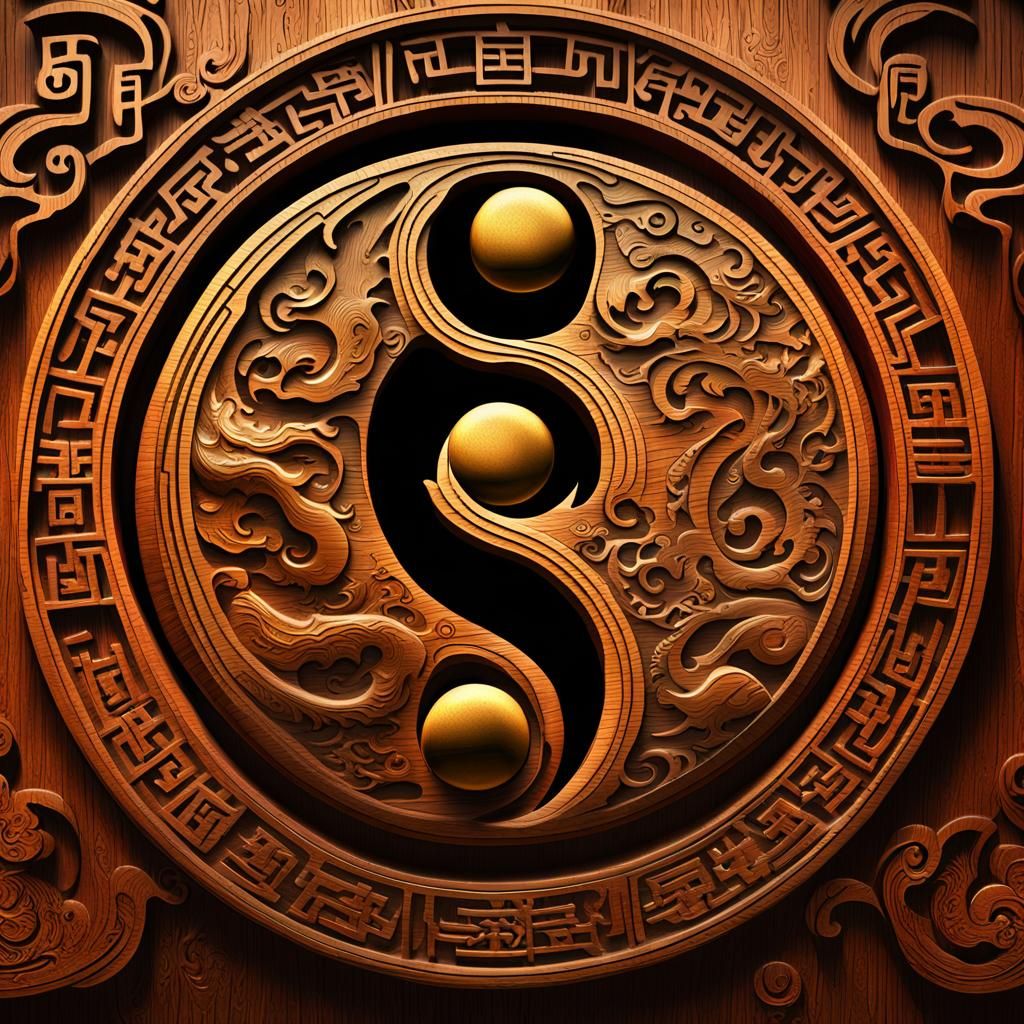 Intricate Ying Yang Wood Carving: Digital Matte Painting