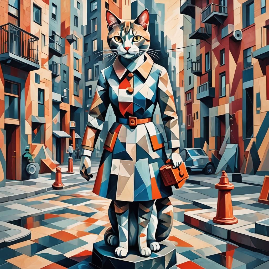 Woman and Cat in Cubist Art Deco Style