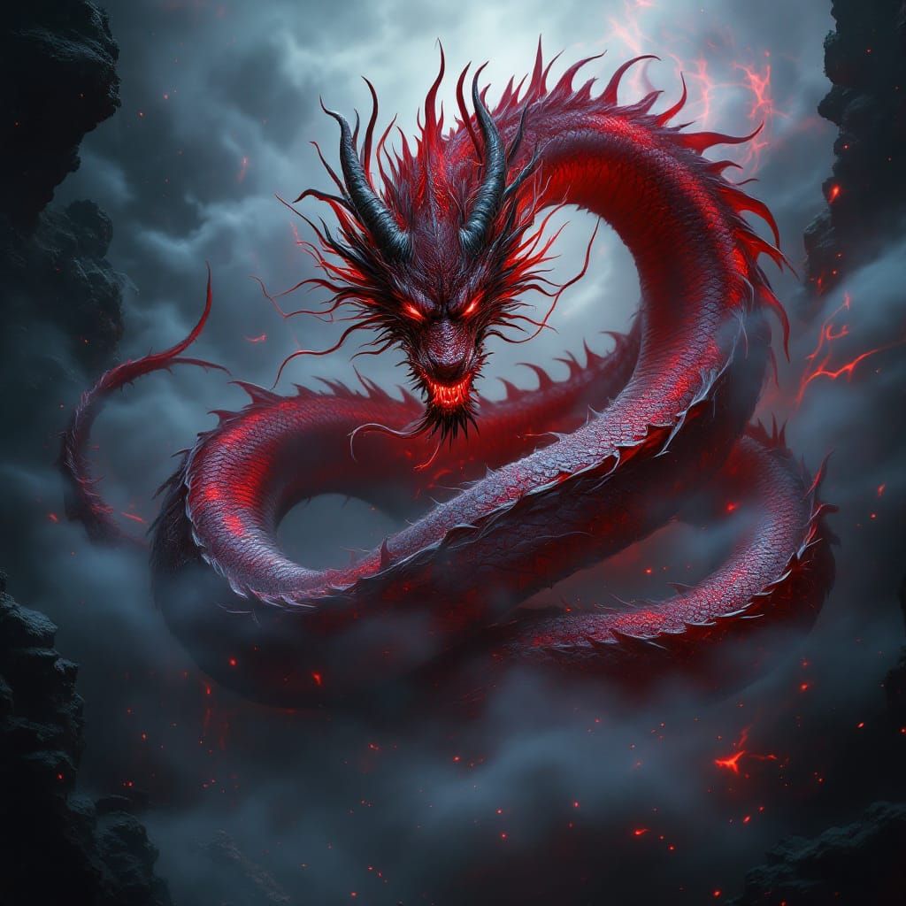 Crimson Yaoguai Dragon in Eerie Mist, Dark Fantasy Art