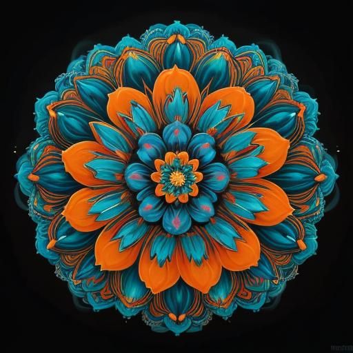 Psychedelic Flower Mandala on Black Background in 8K