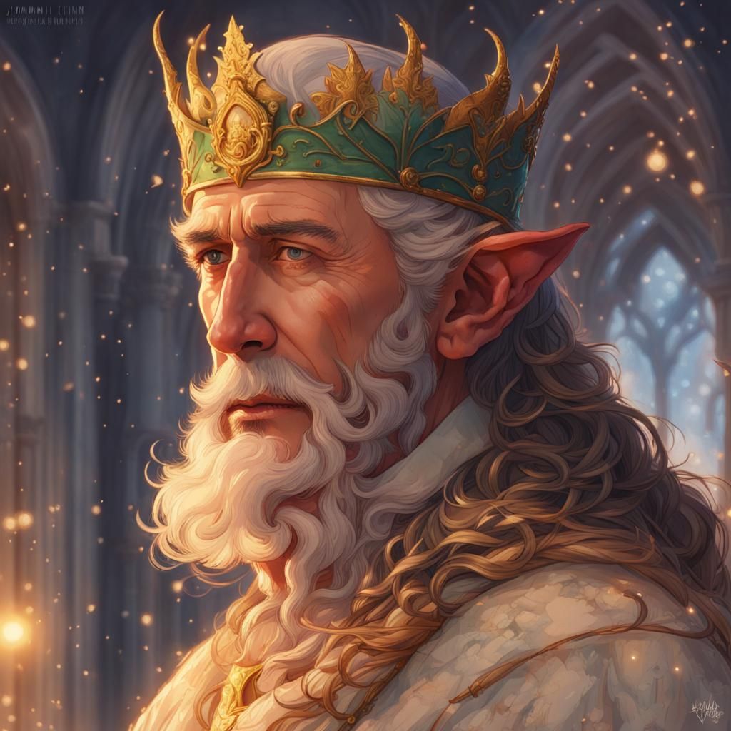 Elf Prince Charles as Chistmas Elf portrait long and pointy ears light at dawn watercolors 8k resolution concept art by ...