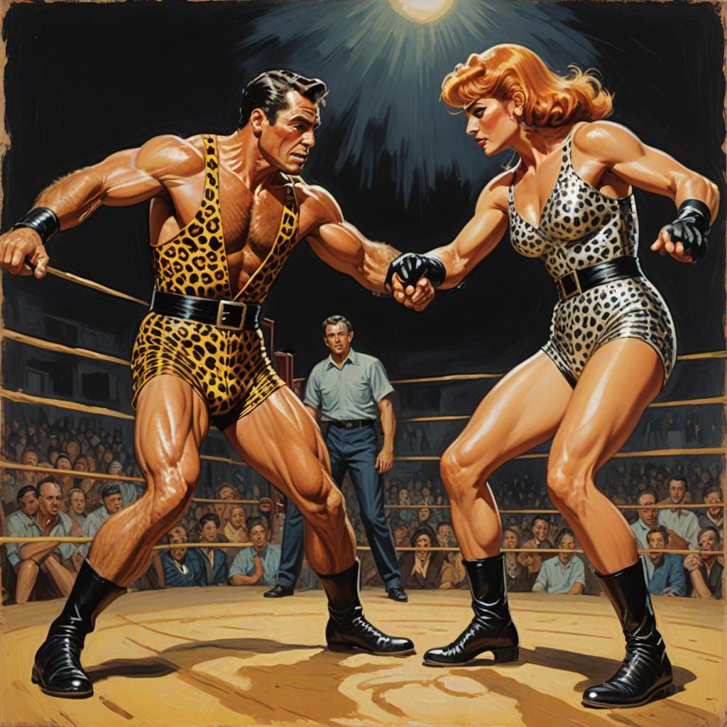 Fierce Female Wrestlers in Vintage Pulp Art Style