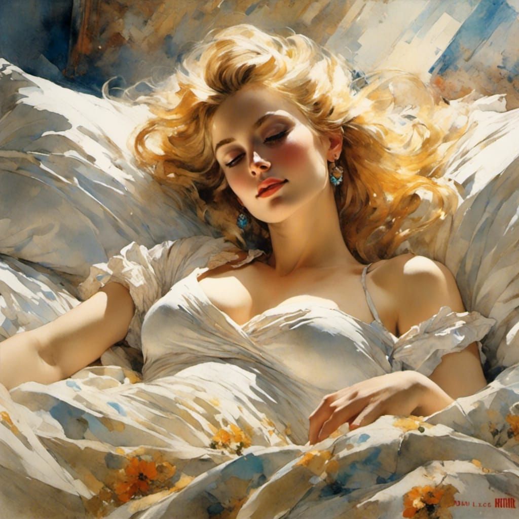 Impressionist Painting: Blonde Woman Awakening in Luxury