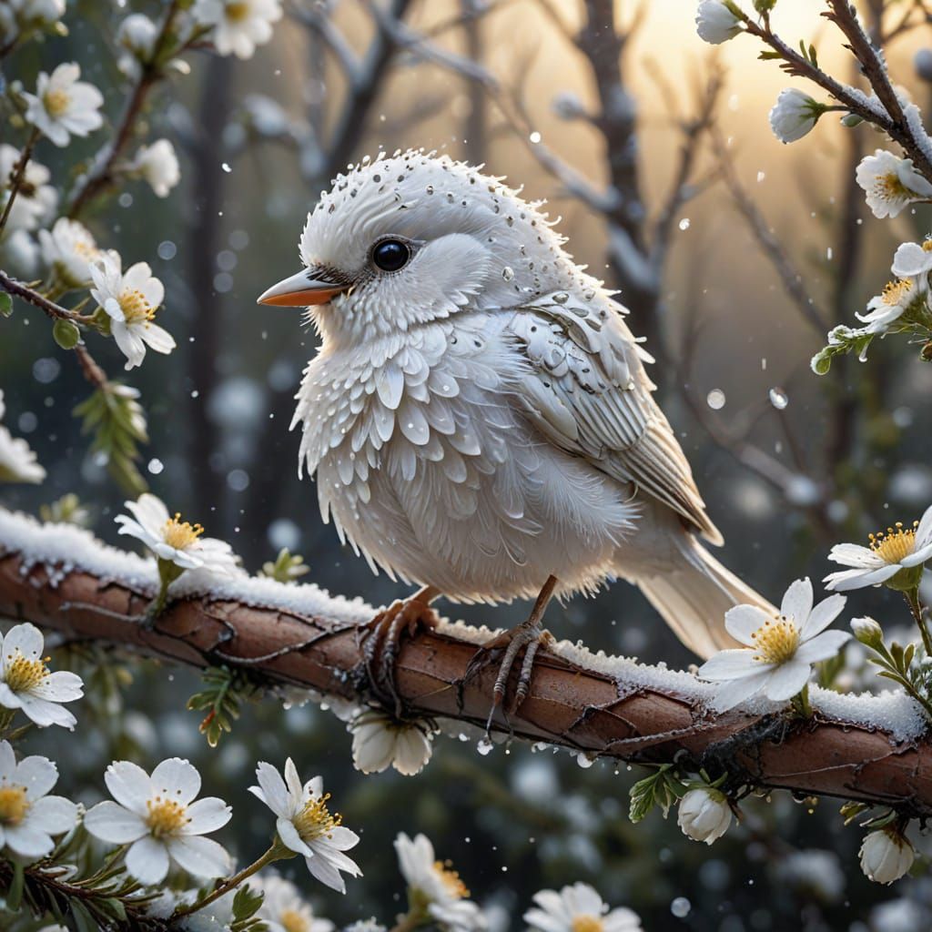 Adorable White Bird on Snowy Branch