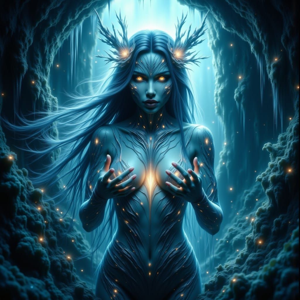 Bioluminescent Sorceress Conjuring Spell: Hyperrealistic Dig...