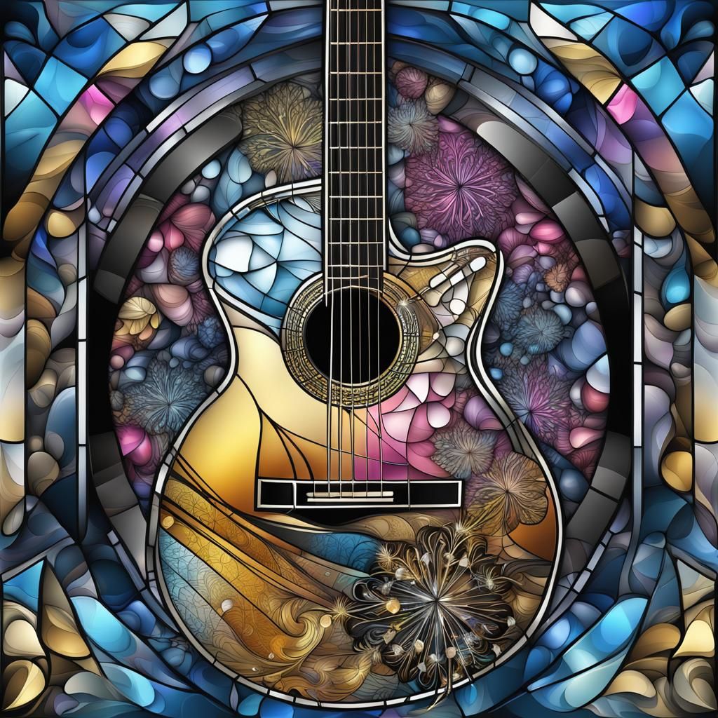 Stained Glass Architecture with Guitar and Dandelion
