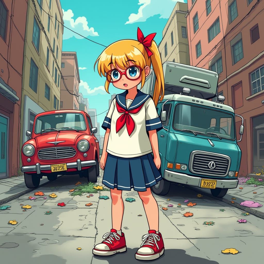 Sailor Scout Amidst City Chaos in Cartoon Style