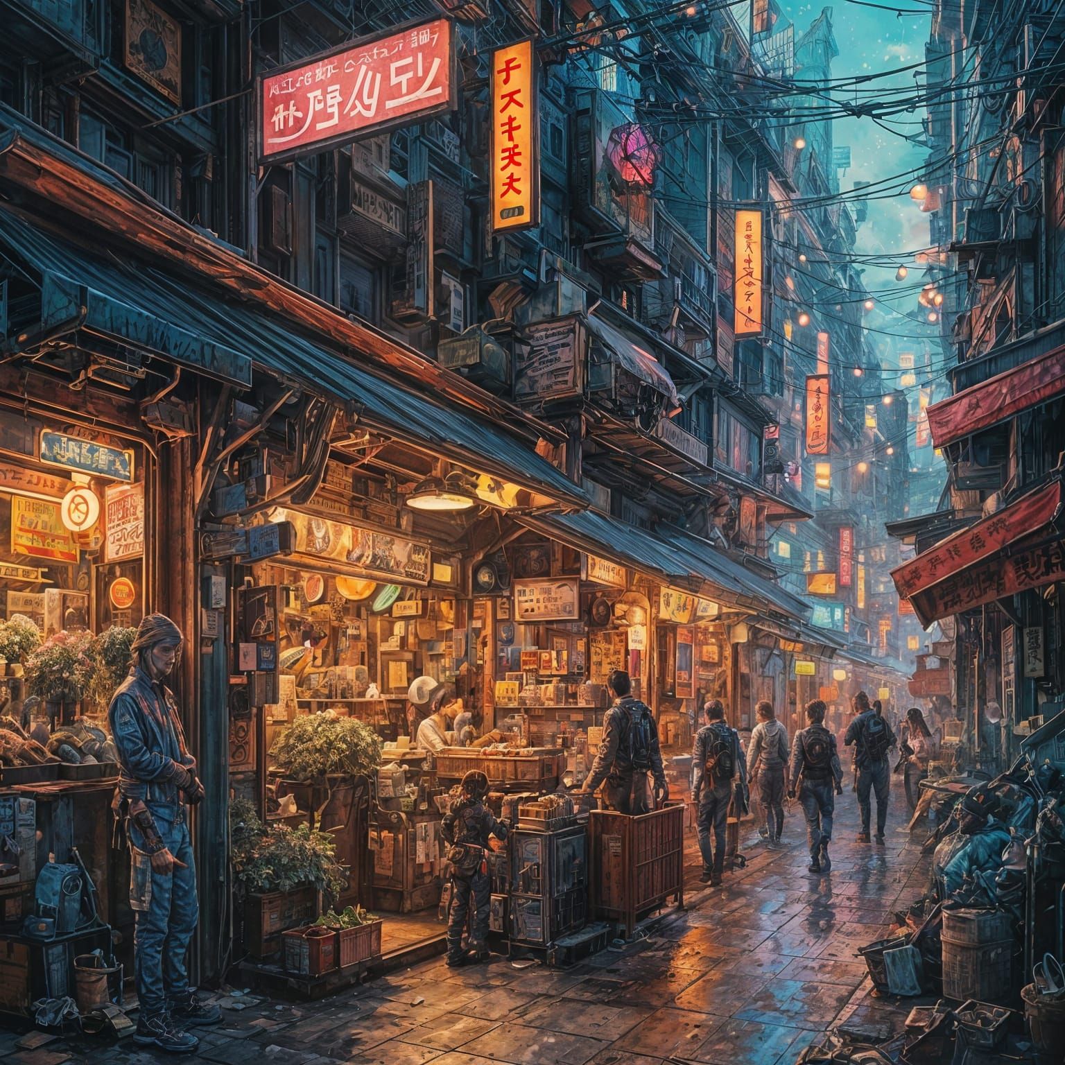 Cyberpunk Tokyo Market Alley in Gouache Style