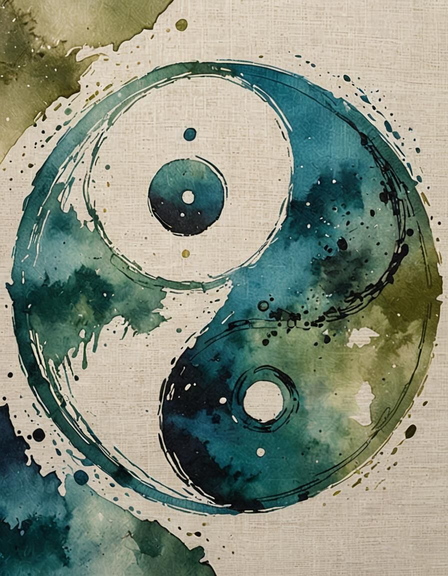 Ancient Yin Yang on Linen in Watercolor Style