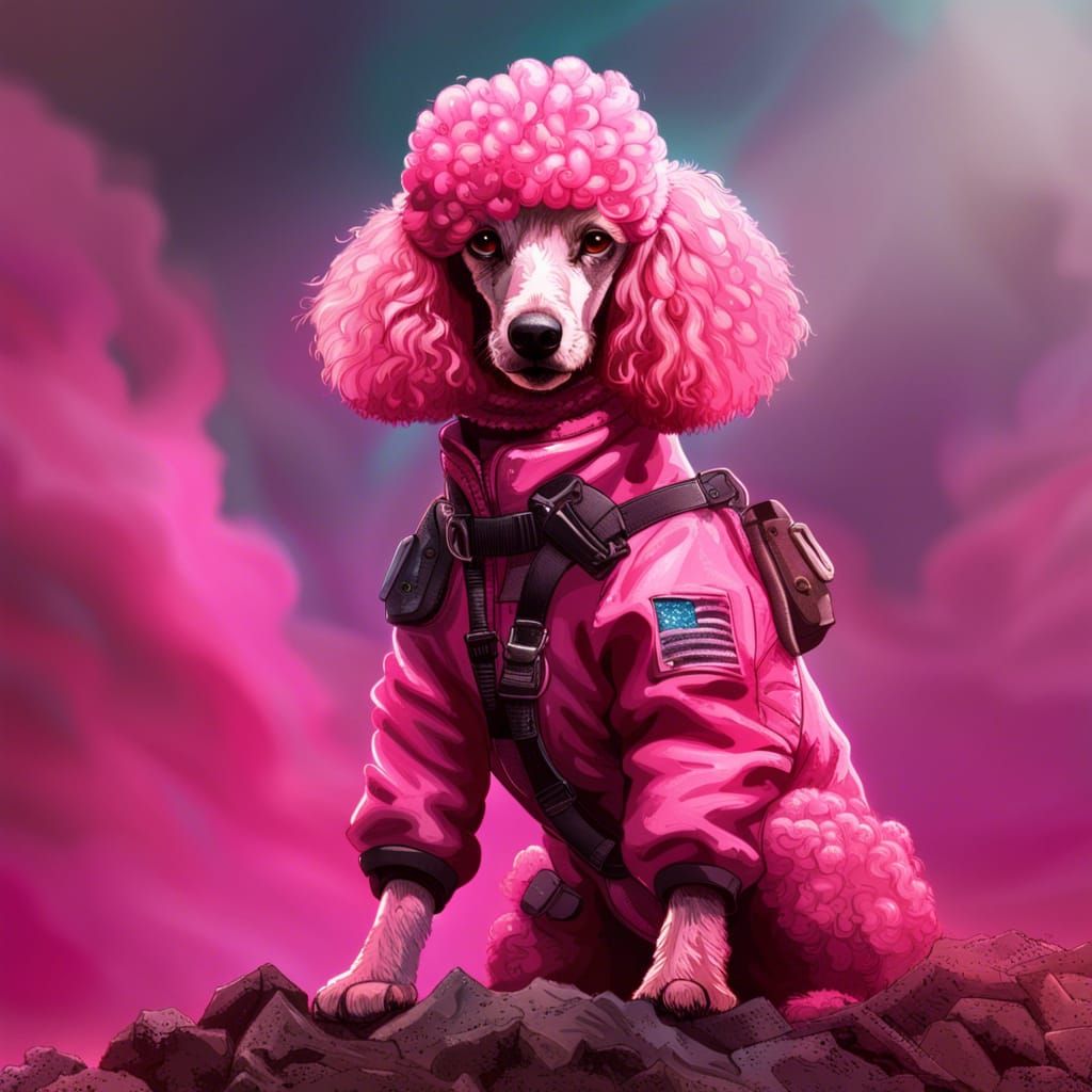 Apocalyptic Pink Poodle in Hyperrealistic Splash Art
