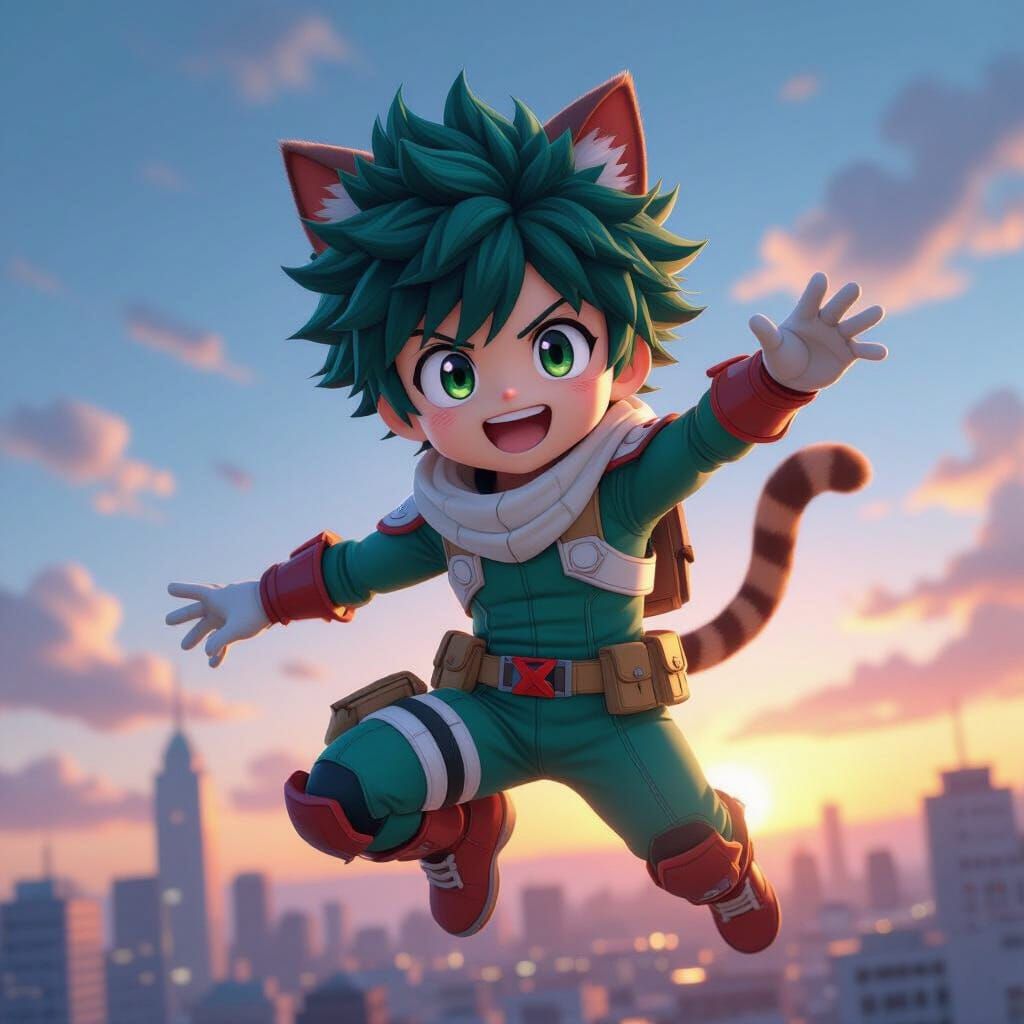 Deku Cat Boy Leaping in Vibrant Cityscape