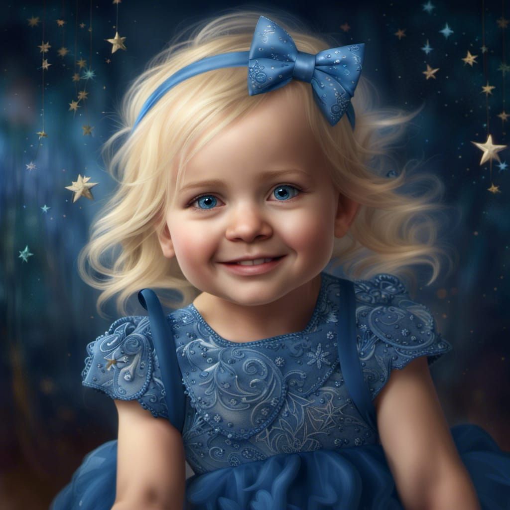 Smiling Blond Baby in Blue Dress, Digital Art